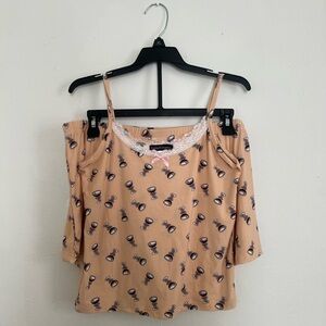 Beige Pajama Set with Wine Glass Pattern